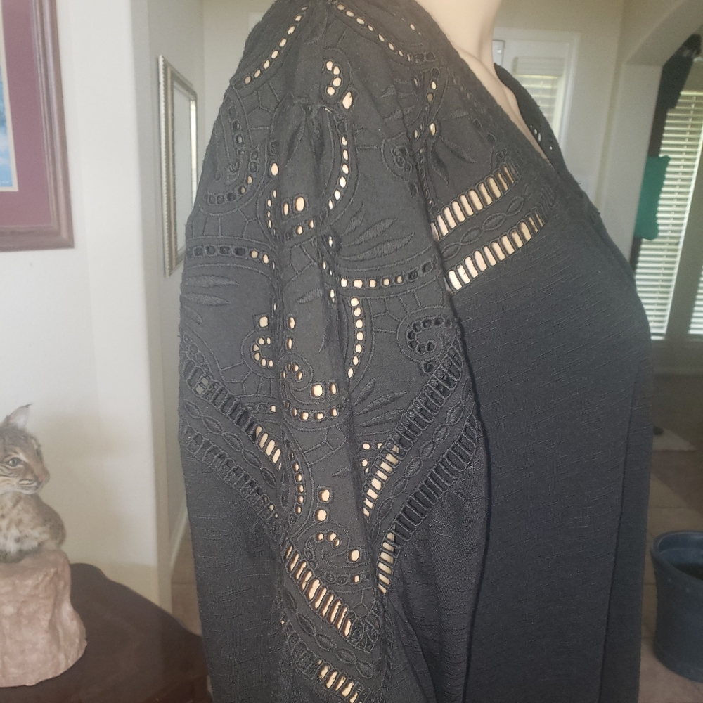 Chico's XLP flowy longsleeve crocheted yoke woven modal blend light airy luxury - Picture 5 of 10